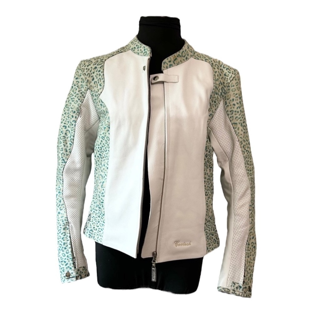 Leopard print green and white leather jacket coat size large vintage y2k 90s